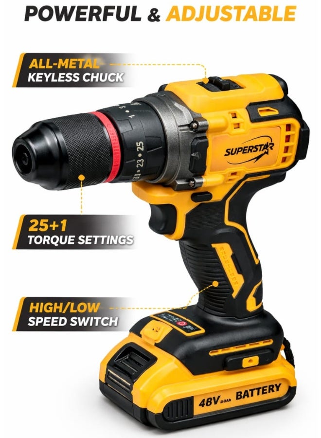 SuperStar 48V Cordless Drill Powerful Lithium-Ion – Professional Electric Drill Driver with LED Light, 2-Speed Control, 18+1 Torque Settings, Overheat & Overcharge Protection (Model SPER-BL48) - Image 2